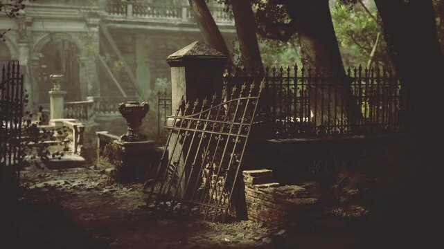 Warm goldenhour light on Bulgarian mansion ruins and leaning wroughtiron gate cinematic vignette evokes conservationist survey or travel writer capturing