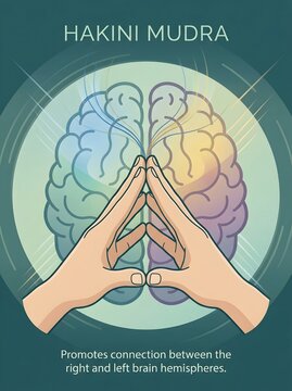 Hakini Mudra Hand Position Illustration with Brain Hemispheres Diagram, Yoga and Mindfulness Infographic