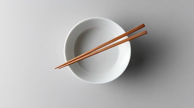 Empty white bowl with chopsticks. Asian dining utensils on plate.