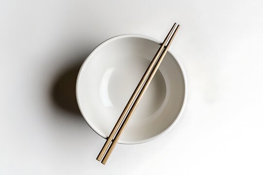 Minimalist white bowl with chopsticks on neutral background. Clean tableware setup for modern dining and Asian cuisine styling.
