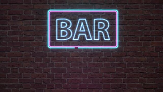 Glowing Blue and Pink Neon Bar Sign Flickering on Brick Wall