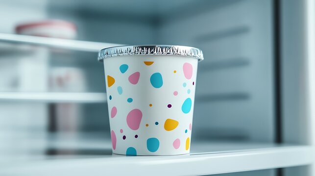 Colorful disposable cup in fridge. Foil wrapped paper cup