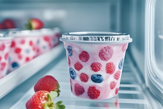 Yogurt cup with berries in fridge. Frozen dessert container