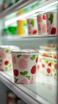 Frozen yogurt cups in a fridge. Strawberry flavored dessert containers.
