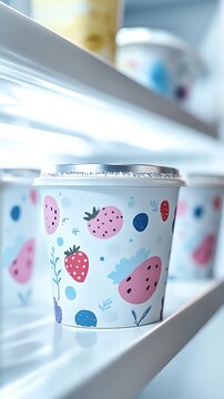 Yogurt cups in refrigerator. Frozen dessert containers.