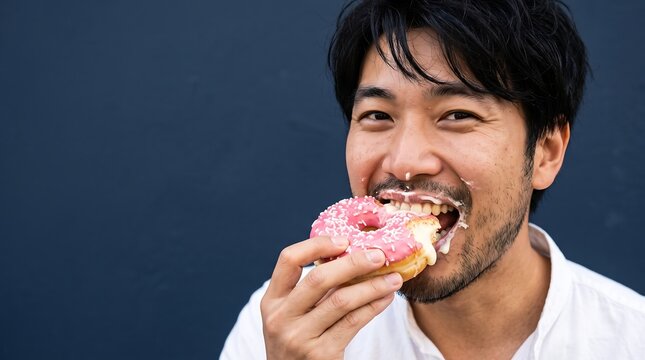 Cheerful man with messy face eating a pink frosted donut