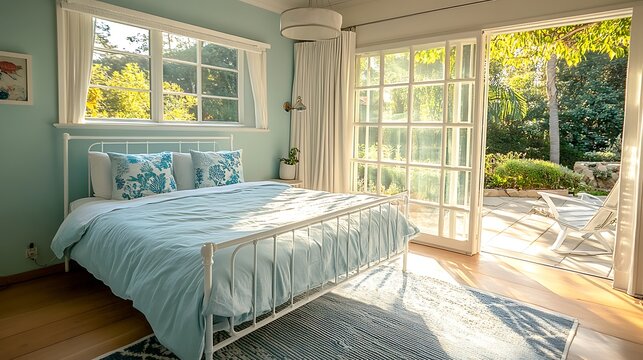 Cozy bedroom with white metal bed. Soft blue bedding and pillows.