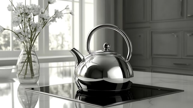 Modern silver kettle boiling water on kitchen counter. Stylish stainless steel stovetop teapot with steam for home decor and cooking.