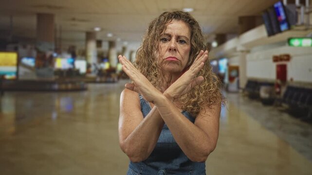 Woman arms crossed x at airport terminal blocking gesture showing palms and firm posture; rejection protest.