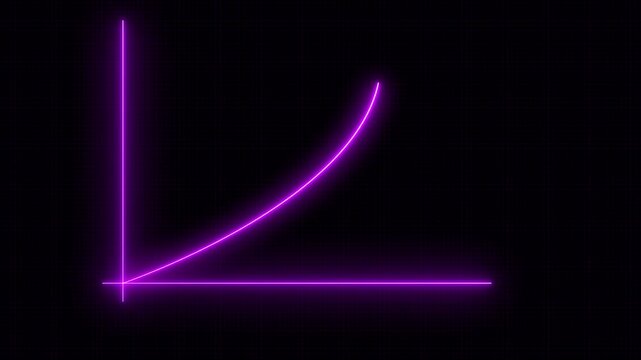 Glowing purple neon exponential growth chart showing upward trend on a dark grid background for business finance and data analysis presentation