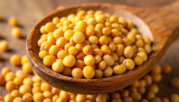 Mustard seeds wooden spoon