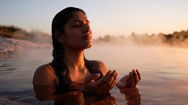 Woman floating in a steaming natural hot spring at dawn with arms extended and eyes closed in total relaxation. Hot spring wellness concept