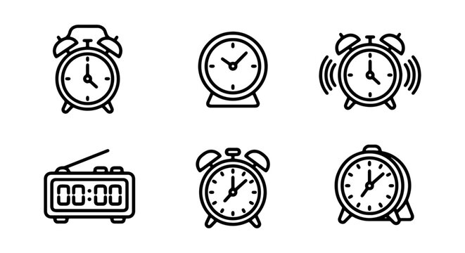 Alarm Clock Icons Set, Timekeeping Devices Vector Collection, Retro and Digital Time Symbols