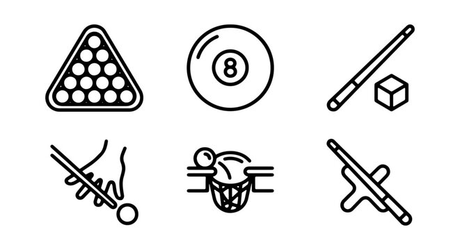Billiard Icons Set: Pool Balls, Cues, Rack, Chalk, Hand Aiming, Pocket - Vector Graphics
