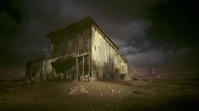 Isolated barn amid cracked desert floor, sunbleached siding and scattered debris, distant storm clouds and faint ruined structures, harsh light and cinematic