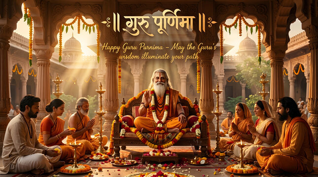 Guru Purnima celebration spiritual master on Guru Gaddi blessing disciples devotional illustration poster design