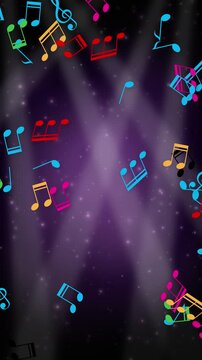 Vertical Animation of Colorful Music Notes Drifting Over Purple Stage Lights