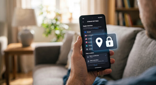 Mobile app with lock: privacy by design; encryption at rest/in transit, tokenization, DLP enforce compliance.