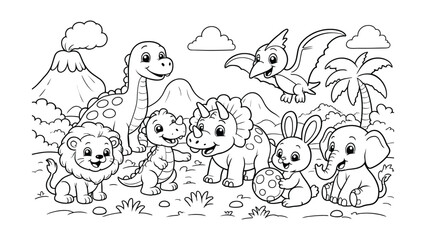 Cute cartoon baby animals including dinosaurs lion elephant and rabbit in a prehistoric landscape scene © MD