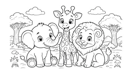 Three adorable cartoon baby safari animals including an elephant giraffe and lion together in a natural landscape scene illustration for coloring © MD