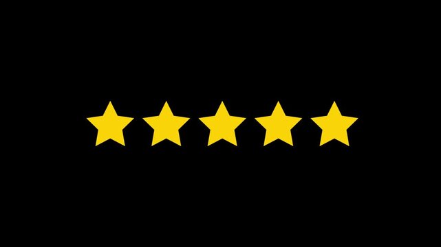 Five yellow star rating icon template design vector illustration for customer product review feedback, premium quality evaluation ranking emblem, standard service satisfaction level score.