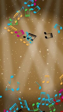 Colorful Musical Notes Falling Over Golden Glitter Stage Lights Background
