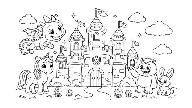 Whimsical fairytale castle scene featuring a friendly dragon unicorn monster and rabbit for coloring fun