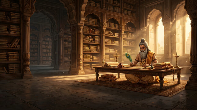 Guru Purnima celebration Maharishi Ved Vyasa writing sacred manuscripts in ancient library devotional illustration design