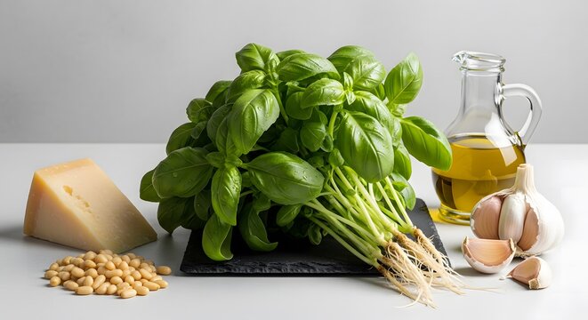 Fresh ingredients for pesto sauce including basil parmesan cheese pine nuts olive oil and garlic.