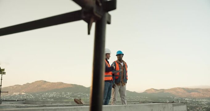 Teamwork, tablet and talking with men on construction site for meeting or planning. Building, collaboration and digital technology with engineering people on worksite together for project management