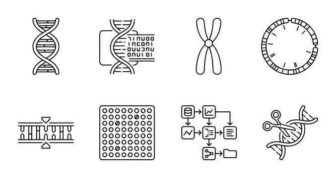 Genetics Icons DNA Chromosome Biology Science, Outline, for Medical Research and Biotechnology