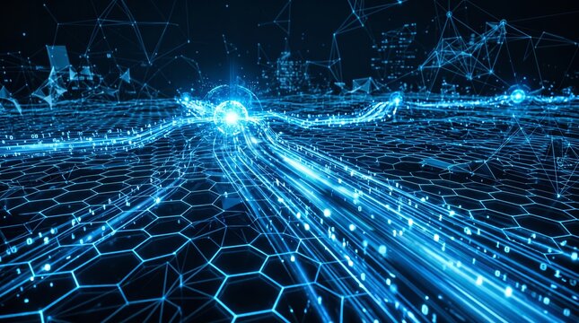 Abstract digital network flowing with luminous blue data streams and hexagonal patterns