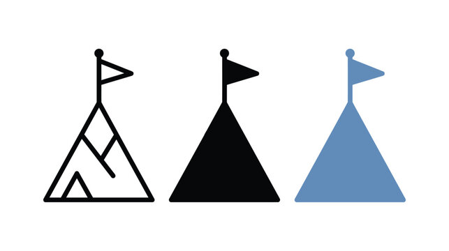 Mountain icon vector set displaying summit peak with flag