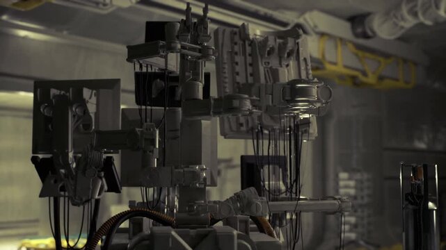 Close range control module with heavy switchgear and relay banks, retrofuturistic industrial mood, amber indicator lights and worn steel surfaces, insulated