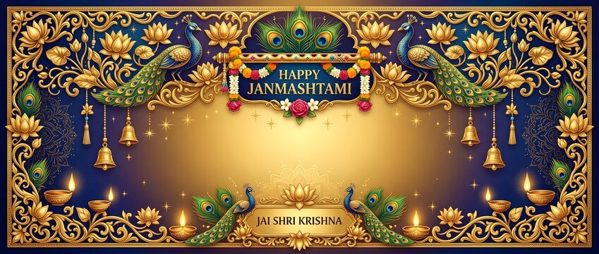 Happy Janmashtami and Jai Shri Krishna greeting banner background with golden ornate frame, peacocks, and burning diya oil lamps