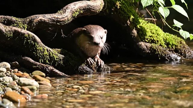 Wild otter emerges from natural den by clear forest stream