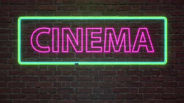 Flickering Pink and Green Neon Cinema Sign on Dark Brick Wall