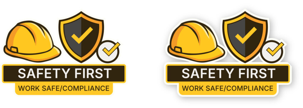 Construction Safety First Sticker with Hard Hat and Protection Shield Vector