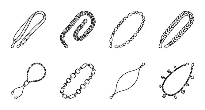 Jewelry icon set necklaces and bracelets outline styles, white background