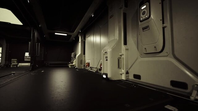 Wide empty corridor in starship interior with clean panels and subtle floor lights, long perspective leads to dark doorway, clinical quietness and cinematic