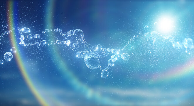 キラキラ飛び散る水滴　水しぶき　爽やかな青空と雲の背景　眩しい太陽の日差しとレンズフレア　夏・夏休み・水遊び・プール・飲料水・猛暑・酷暑・熱中症の背景	
