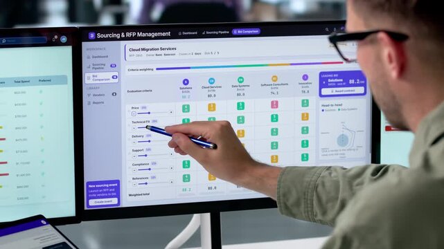 Procurement Manager Reviews Vendor Proposals Using Digital Dashboard