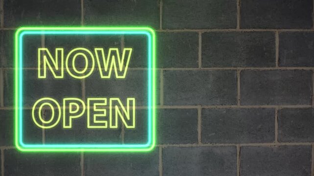 Flickering Green Neon Now Open Sign on Dark Brick Wall