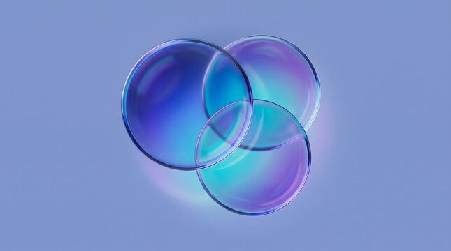 Three interconnected translucent glass spheres with iridescent gradient colors iridescent gradient abstract translucent reflection composition