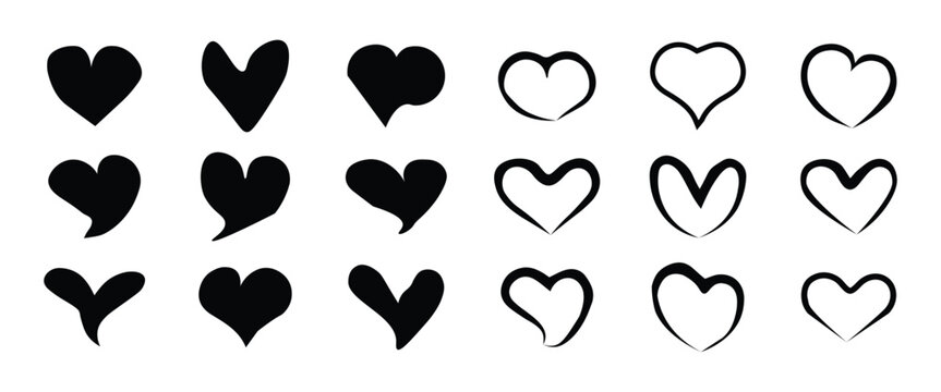Black heart symbols, broken hearts, and cracked hearts in style heart shapes