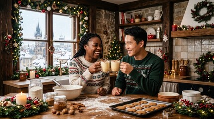 Obraz premium Couple enjoys festive eggnog in a cozy kitchen decorated for Christmas