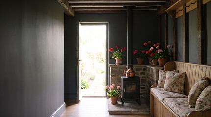 Obraz premium Rustic hallway with a wood burning stove and potted geraniums beside an open door