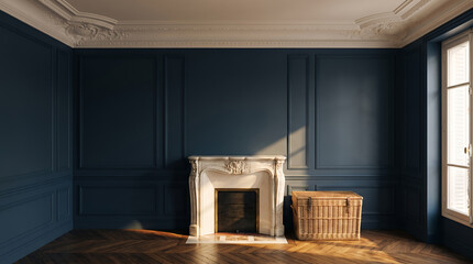 Obraz premium Navy panelled room with a marble fireplace and wicker hamper on herringbone parquet