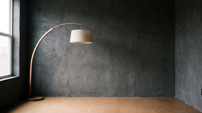 Curved wooden arc lamp standing against a dark textured plaster wall