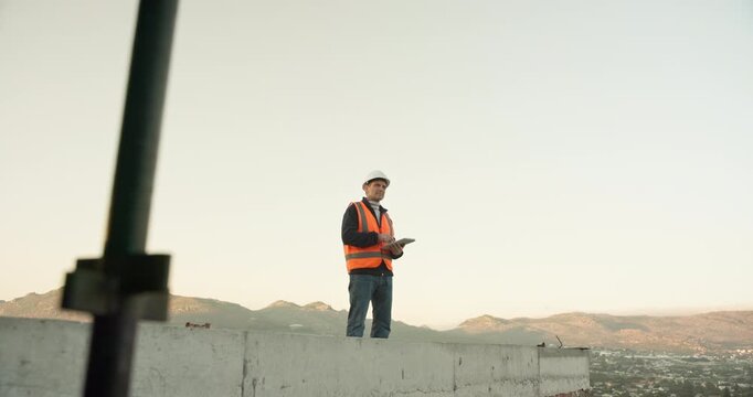 Building, inspection and tablet with man on construction site for quality control or update. App, engineering and space with mature architect outdoor on worksite for development or project management